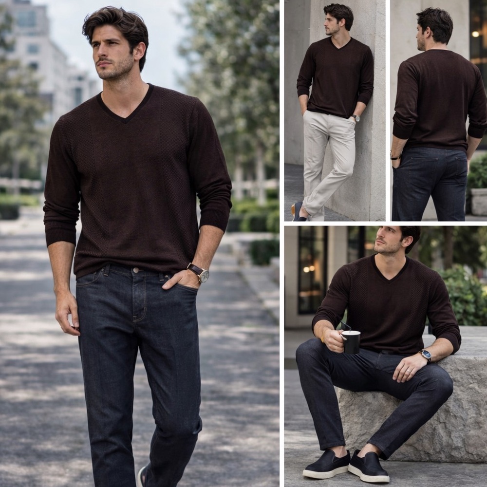 Raffi Men's Dark Brown V-Neck Sweater made in Italy wool blend. B44